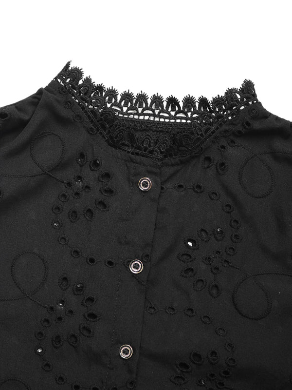 Women Solid Color Lace Patchwork Shirt Top