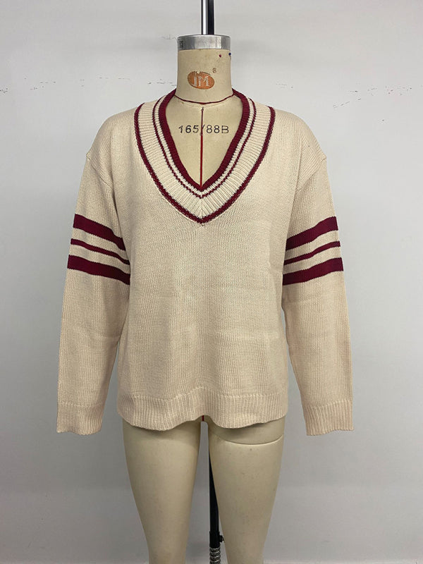 Preppy Loose Long-sleeved Striped V-neck Sweater - Craftklart.store