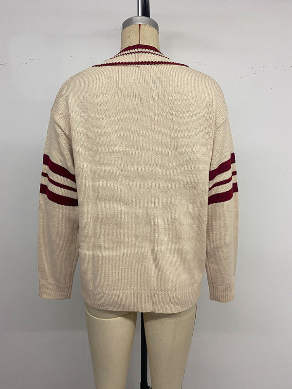 Preppy Loose Long-sleeved Striped V-neck Sweater - Craftklart.store