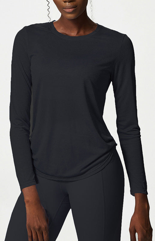 Women's Round Neck Curved Hem Long Sleeve Sports Top Quick Dry Breathable Yoga Cover Up - Craftklart.store
