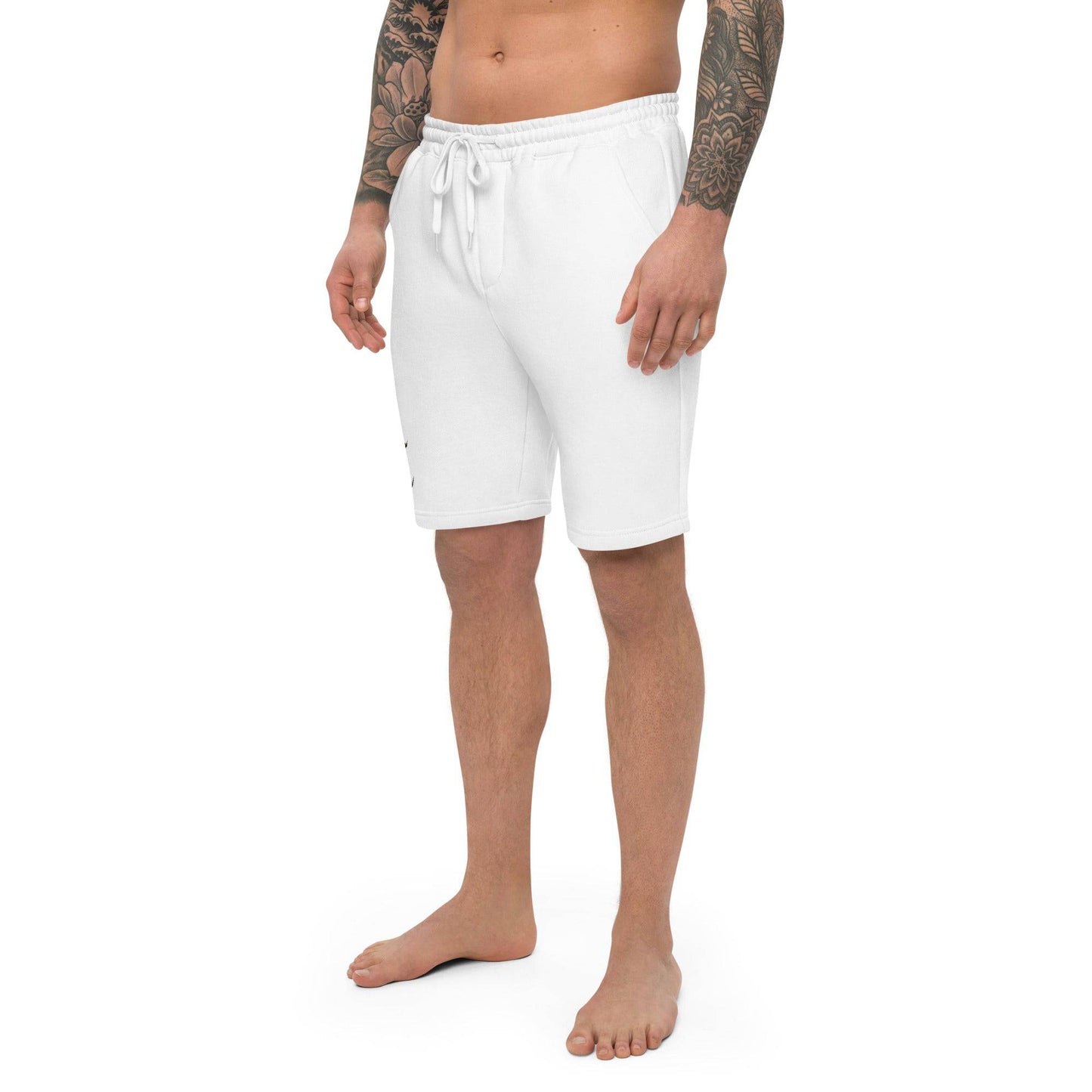 White men's cotton shorts with a relaxed fit, featuring a front view of the fleece material and casual style.