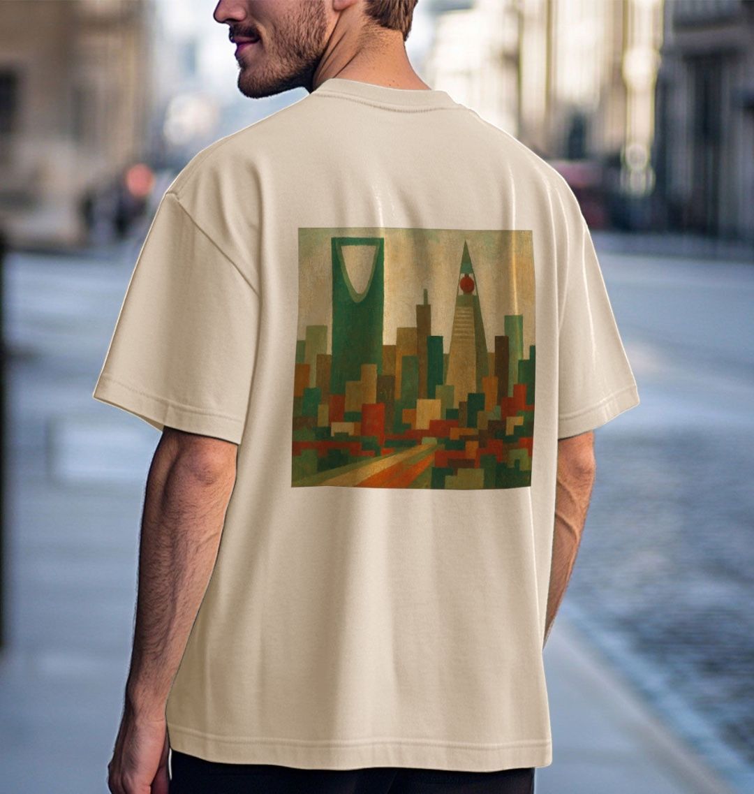 Men’s oversize Organic Cotton T Shirt, Riyadh theme on rear print - Premium T-Shirt from Craftklart.store - Just $33! Shop now at Craftklart.store