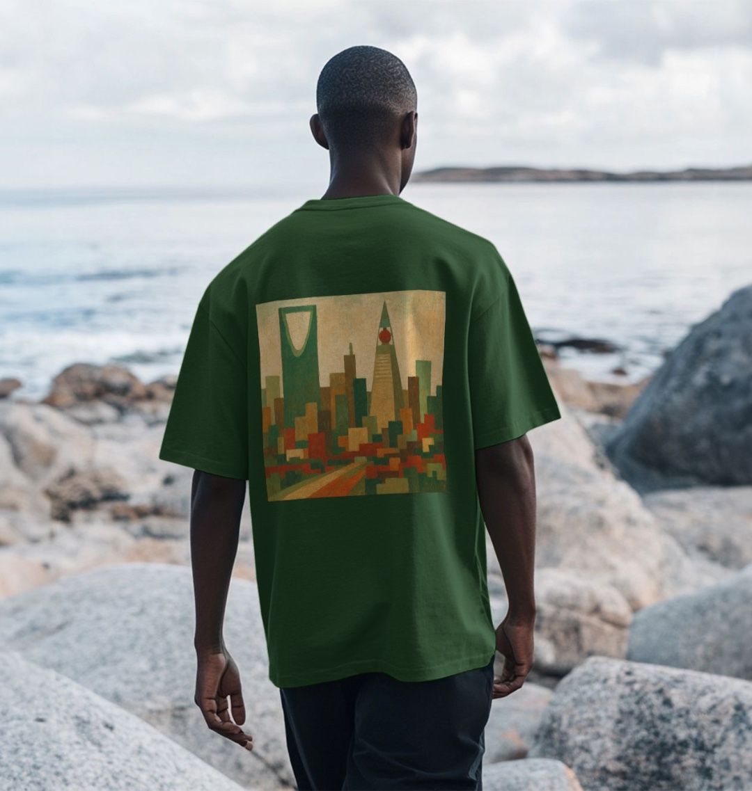 Men’s oversize Organic Cotton T Shirt, Riyadh theme on rear print - Premium T-Shirt from Craftklart.store - Just $33! Shop now at Craftklart.store