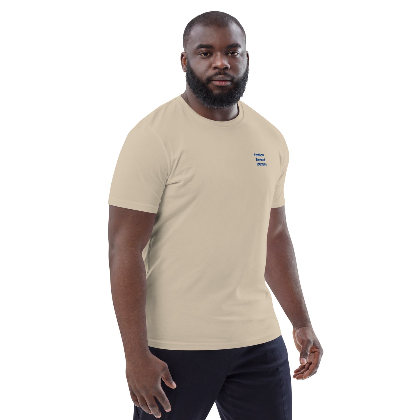 Unisex Organic Cotton T-Shirt from Fashion Beyond Identity (FBI) in desert dust color, featuring a casual streetwear style.