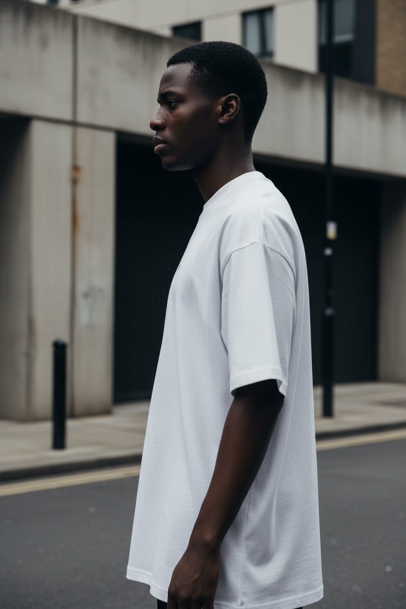 Unisex oversized white organic high neck T-shirt by Craftklart, featuring a relaxed fit and streetwear style.