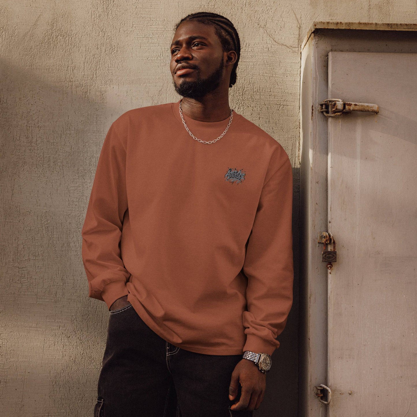 Unisex Attitude Premium Heavyweight Long Sleeve Shirt by Craftklart.store in clay color, featuring a soft, durable sweatshirt design.