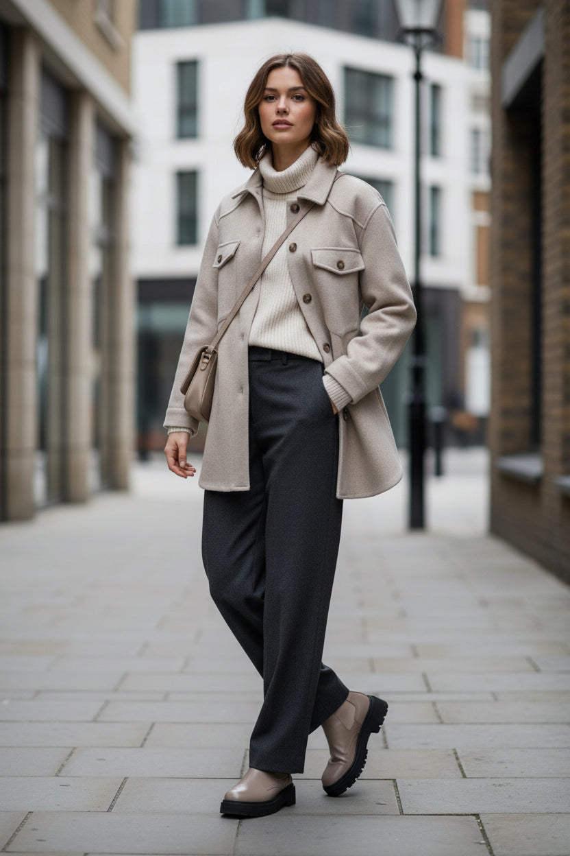Beige oversized wool blend belted shirt coat by ODMPOD, urban streetwear style with a relaxed fit and button details.