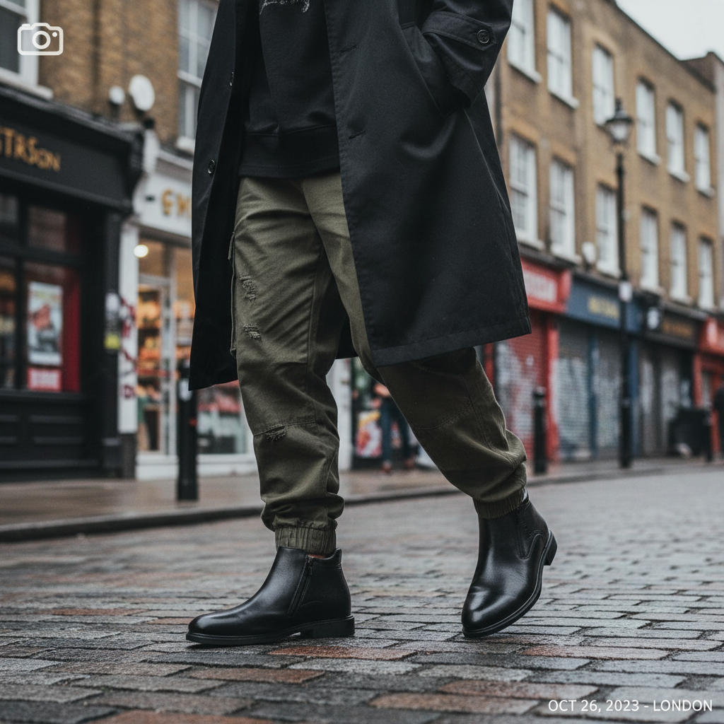 Urban Fashion & Streetwear | Craftklart men's black faux leather ankle boots with side zipper on a city street