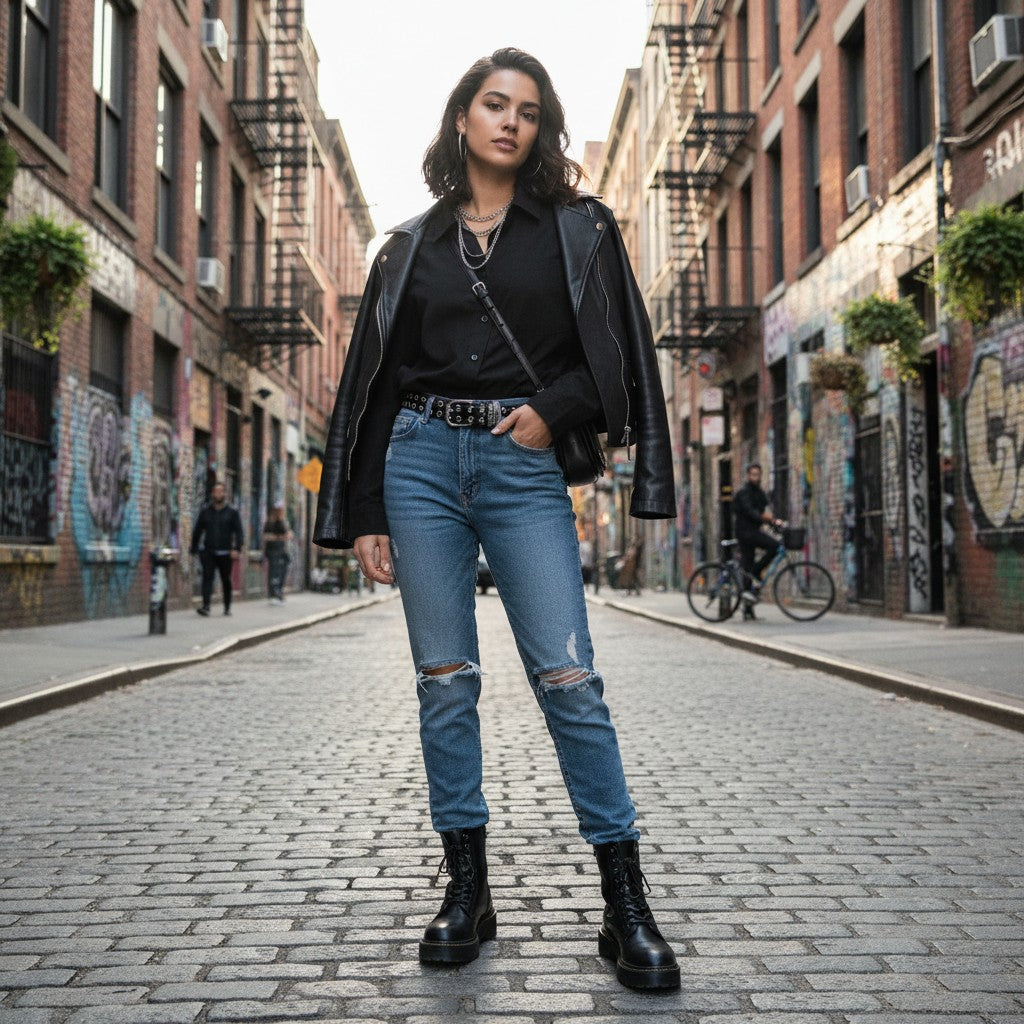 Urban Fashion & Streetwear | Craftklart black button-down shirt worn with a leather jacket and ripped jeans