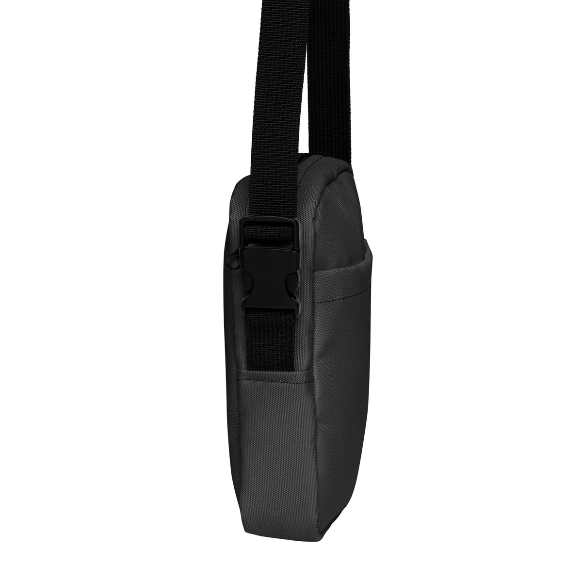 Black Printful K Utility Crossbody Bag with adjustable strap, urban streetwear style, compact and practical for everyday use.