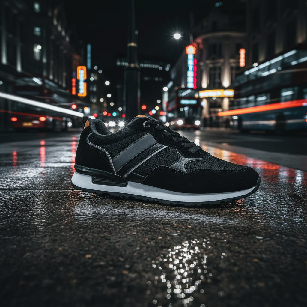 Urban Fashion & Streetwear | Craftklart black retro mesh and suede sneaker on a wet city street at night