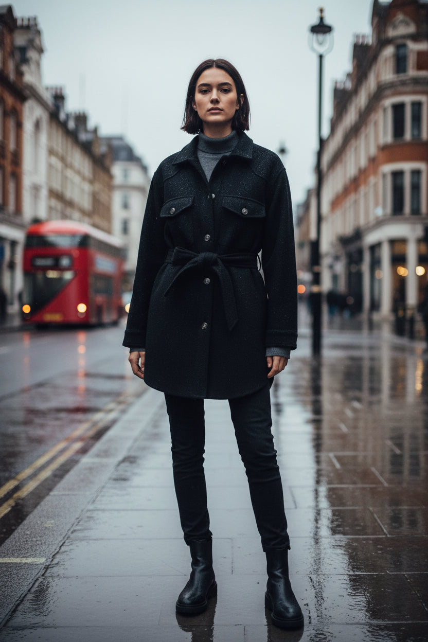 Black oversized wool blend shirt coat with belt, urban streetwear style by ODMPOD, featuring a relaxed fit and casual design.