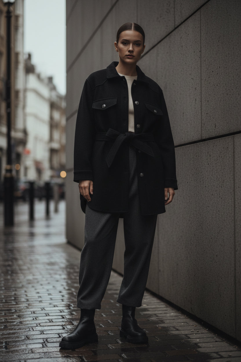 Black oversized wool blend shirt coat with belt, urban streetwear style, featuring a relaxed fit and minimalist design.