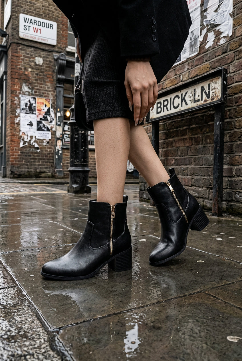 Urban Fashion & Streetwear | Craftklart Mews black faux-leather ankle boots with gold zip and block heel on city street