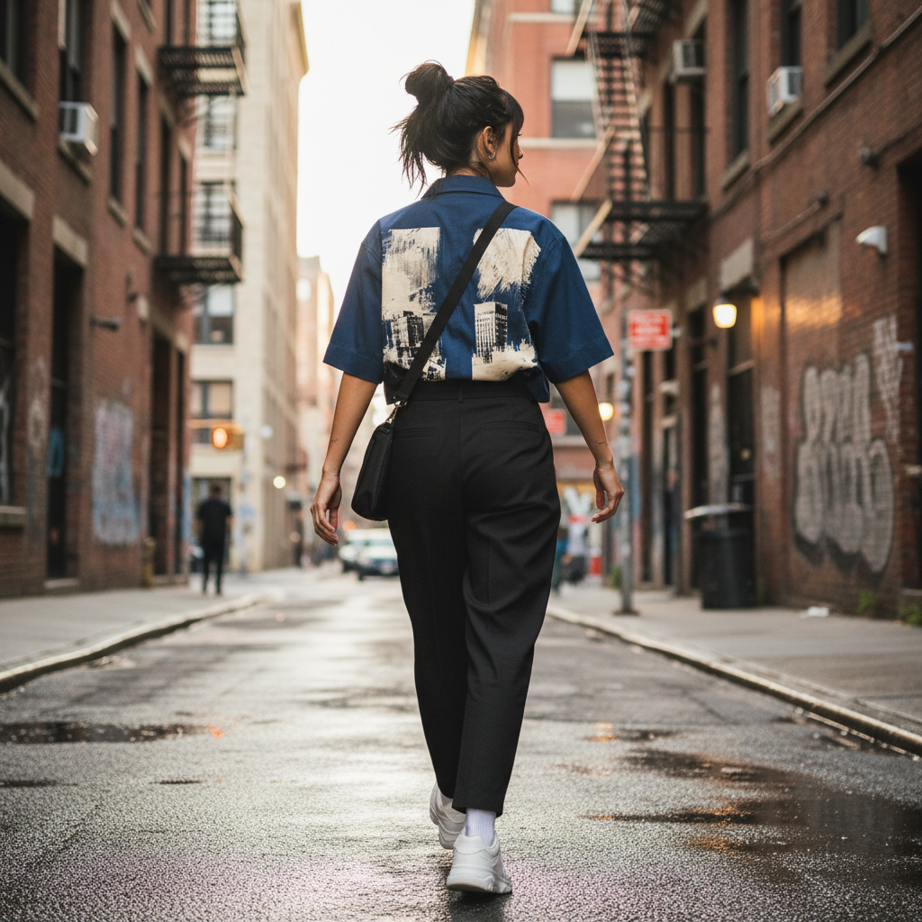 Urban Fashion & Streetwear | Craftklart blue cotton crop shirt with city print worn by a woman in a city street