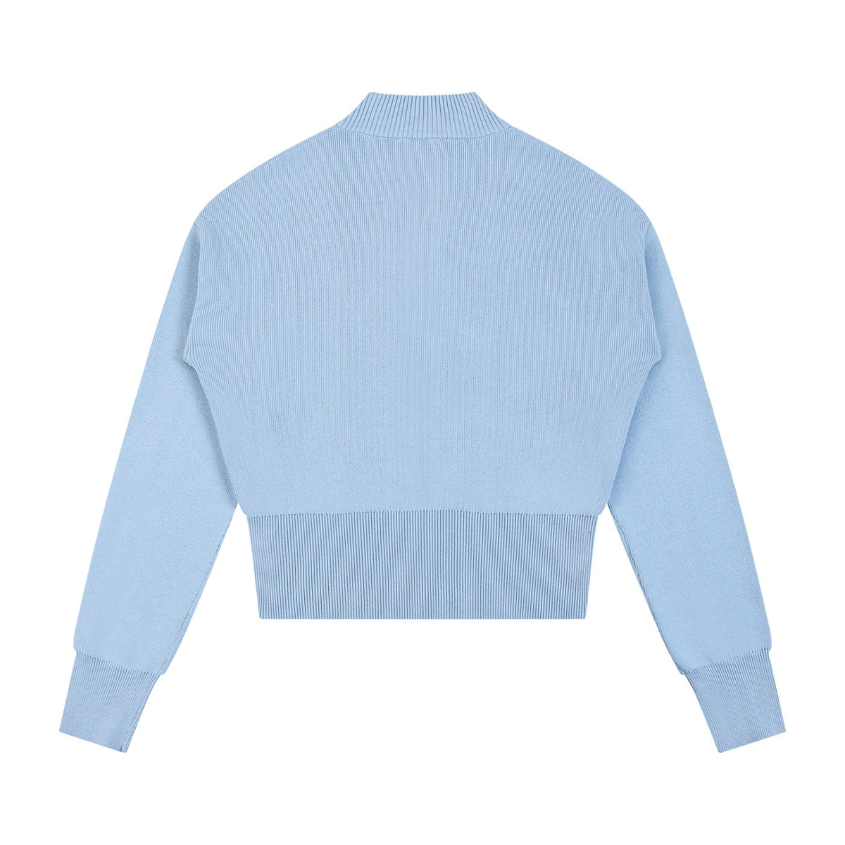 Blue ODMPOD full zip knit cardigan, urban streetwear style, showing the back knit details and casual fit.