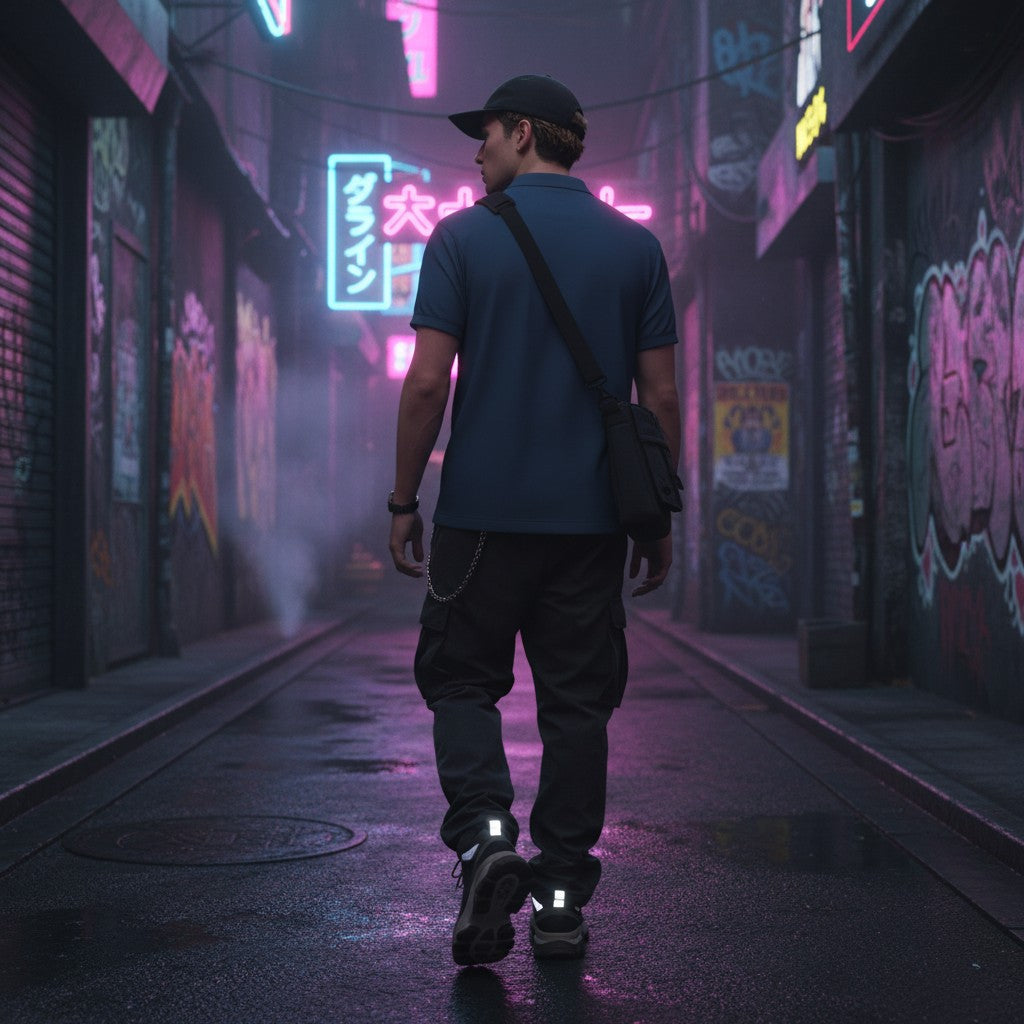 Man wearing a blue Urban Fashion & Streetwear | Craftklart quarter-zip polo shirt walking in a neon-lit city alley.