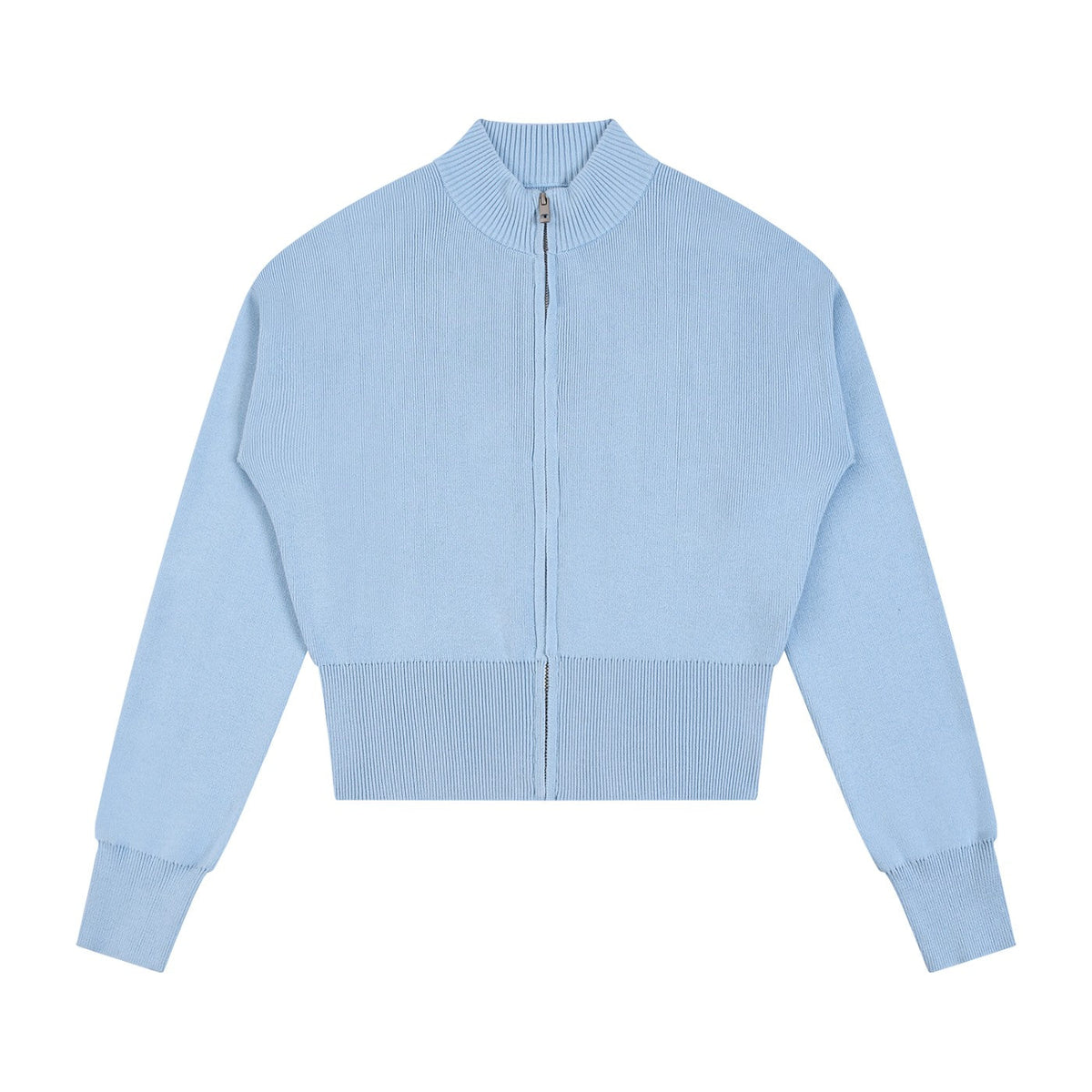 Blue ODMPOD full zip knit cardigan featuring a casual streetwear style, with a front zipper and cozy knit texture.