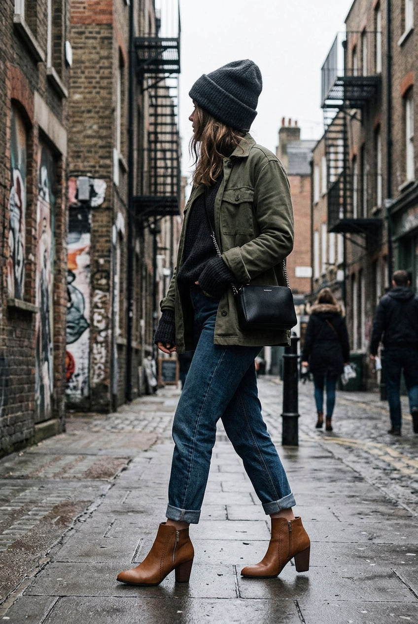 Brown women's heeled ankle boots by Craftklart, stylish urban streetwear footwear with a sleek design and chunky heel.