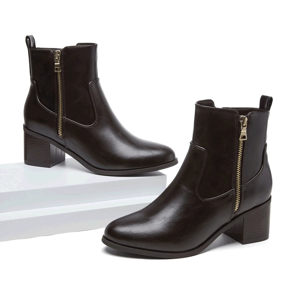 Urban Fashion & Streetwear | Craftklart Mews ankle boots in dark brown faux leather with gold side zip and block heel