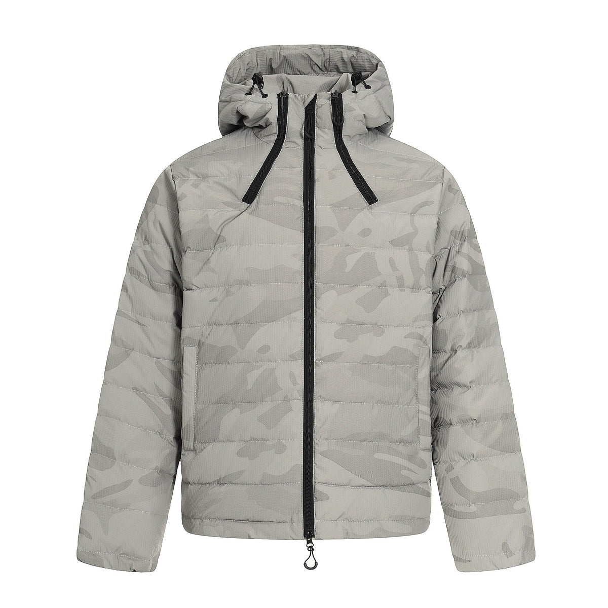 Men's gray camouflage Craftklart Camo Puffer Jacket by ODMPOD, featuring a stylish urban streetwear outerwear design.