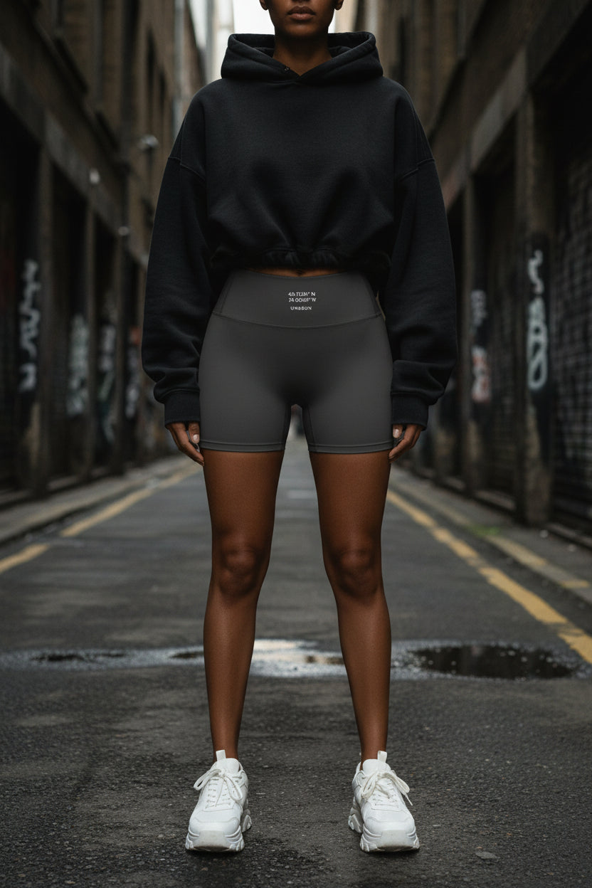Urban Fashion & Streetwear | Craftklart high-waisted grey compression yoga shorts with coordinates print