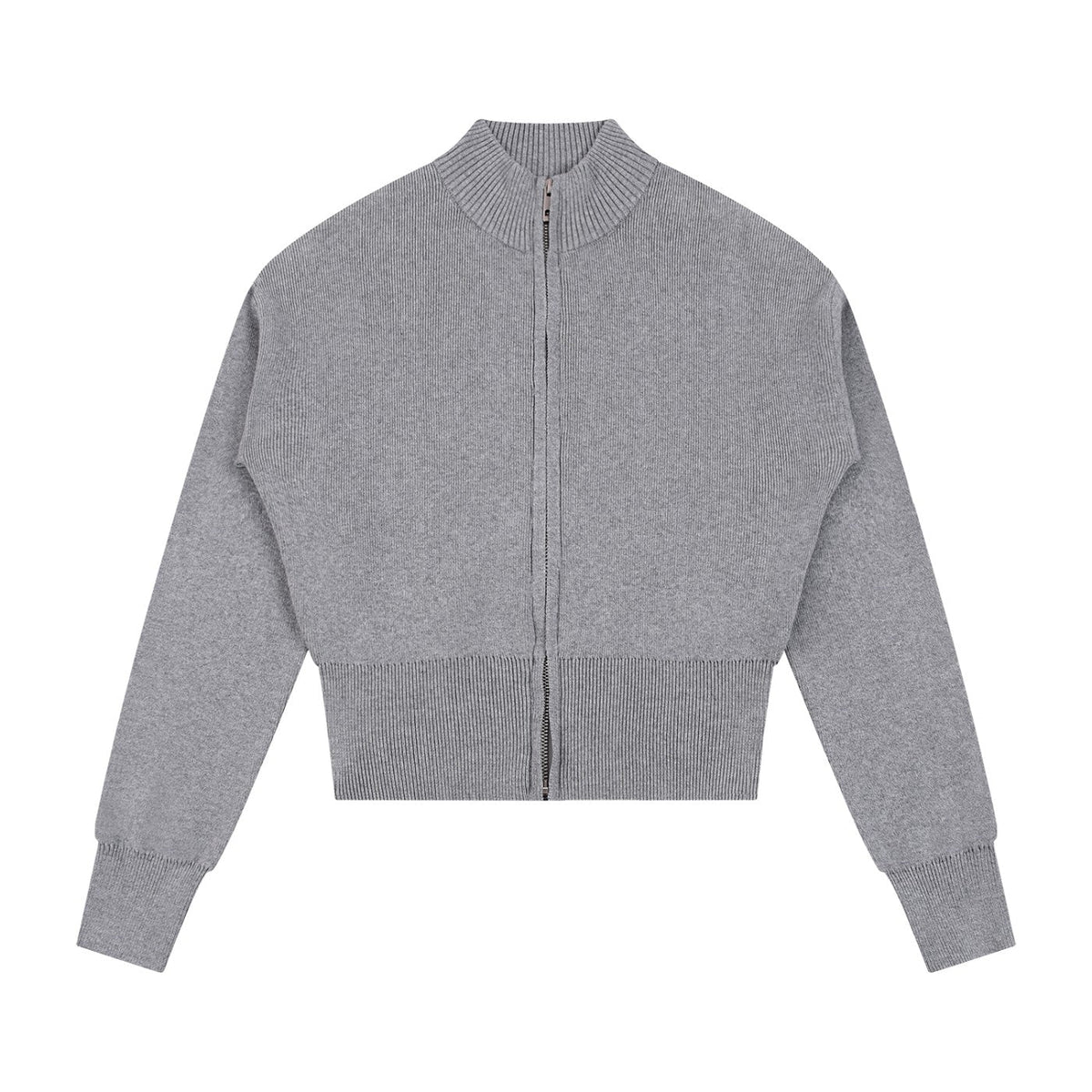 Grey ODMPOD full zip knit cardigan featuring a casual streetwear style with a ribbed collar and cuffs.