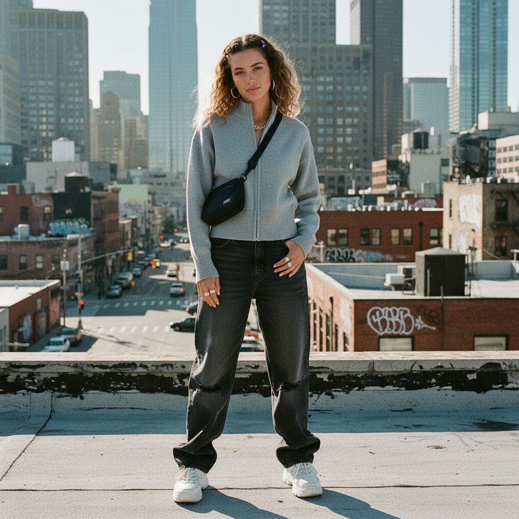 Gray ODMPOD zip-up knit cardigan, urban streetwear style, showing the full front view with a stand-up collar and knit texture.