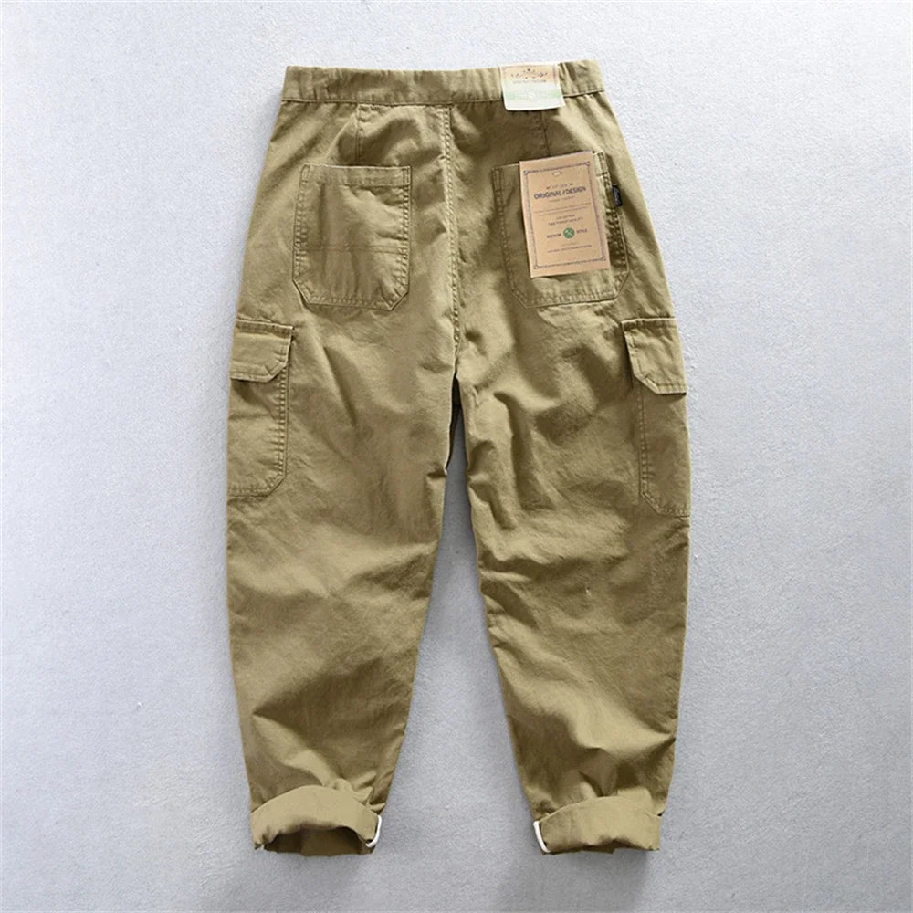 Back view of Urban Fashion & Streetwear | Craftklart khaki cotton cargo pants with utility pockets and elastic waist