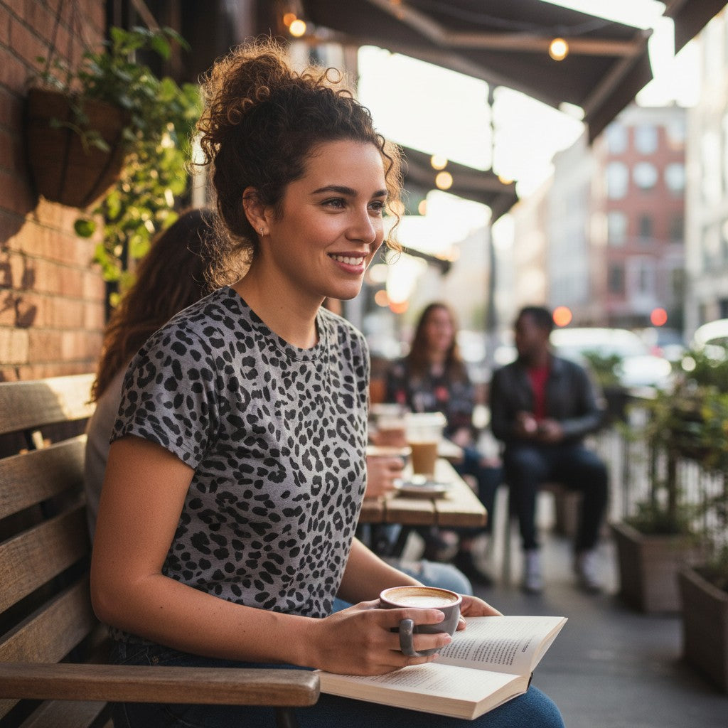 Urban Fashion & Streetwear | Craftklart leopard gray cotton-spandex crop t-shirt worn by a woman reading at a cafe