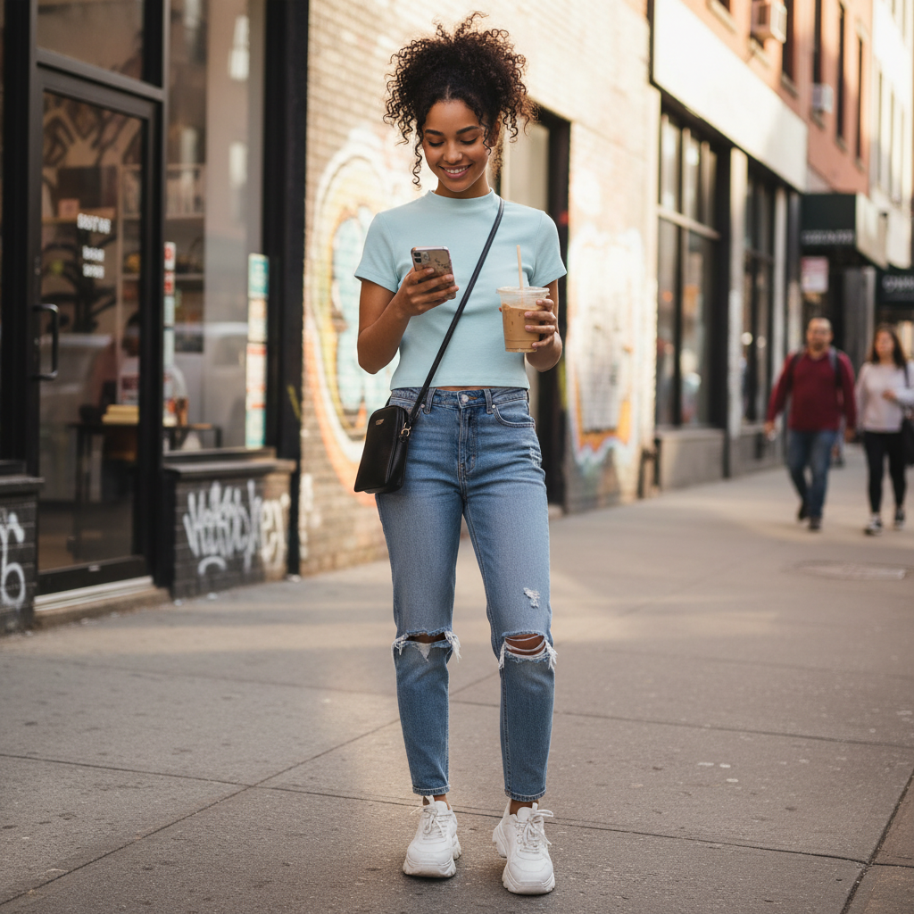 Light blue ODMPOD Form Ribbed Mock Neck Tee, a stylish streetwear t-shirt with ribbed fabric and mock neckline.
