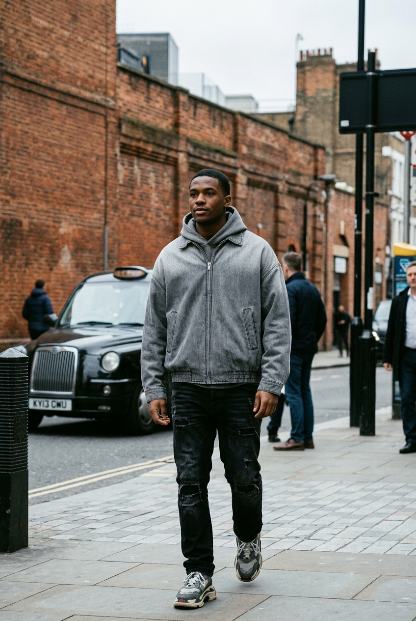 Urban Fashion & Streetwear | Craftklart Ashline light grey washed denim zip jacket worn over a hoodie on a city street