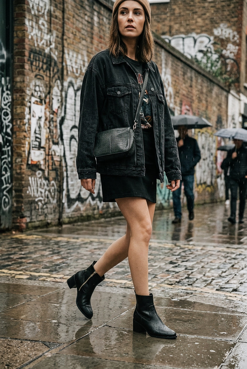 Urban Fashion & Streetwear | Craftklart Mews black faux-leather ankle boots with gold zip worn on a rainy city street