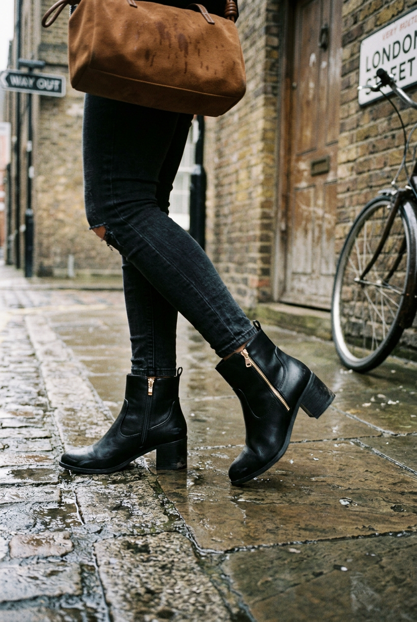 Urban Fashion & Streetwear | Craftklart Mews black faux-leather ankle boots with gold zip and block heel on city street