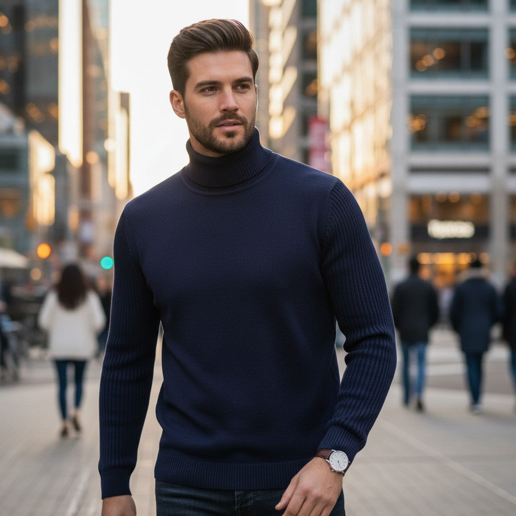 A man wearing a navy blue Urban Fashion & Streetwear | Craftklart ribbed knit turtleneck sweater in a city setting.