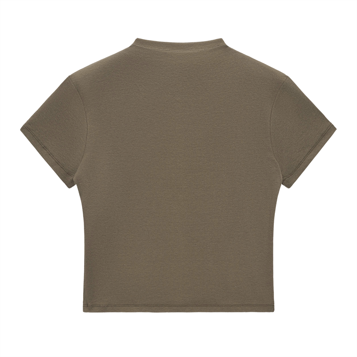 Olive green ODMPOD ribbed mock neck T-shirt with urban streetwear style, showcasing a fitted, textured fabric design.