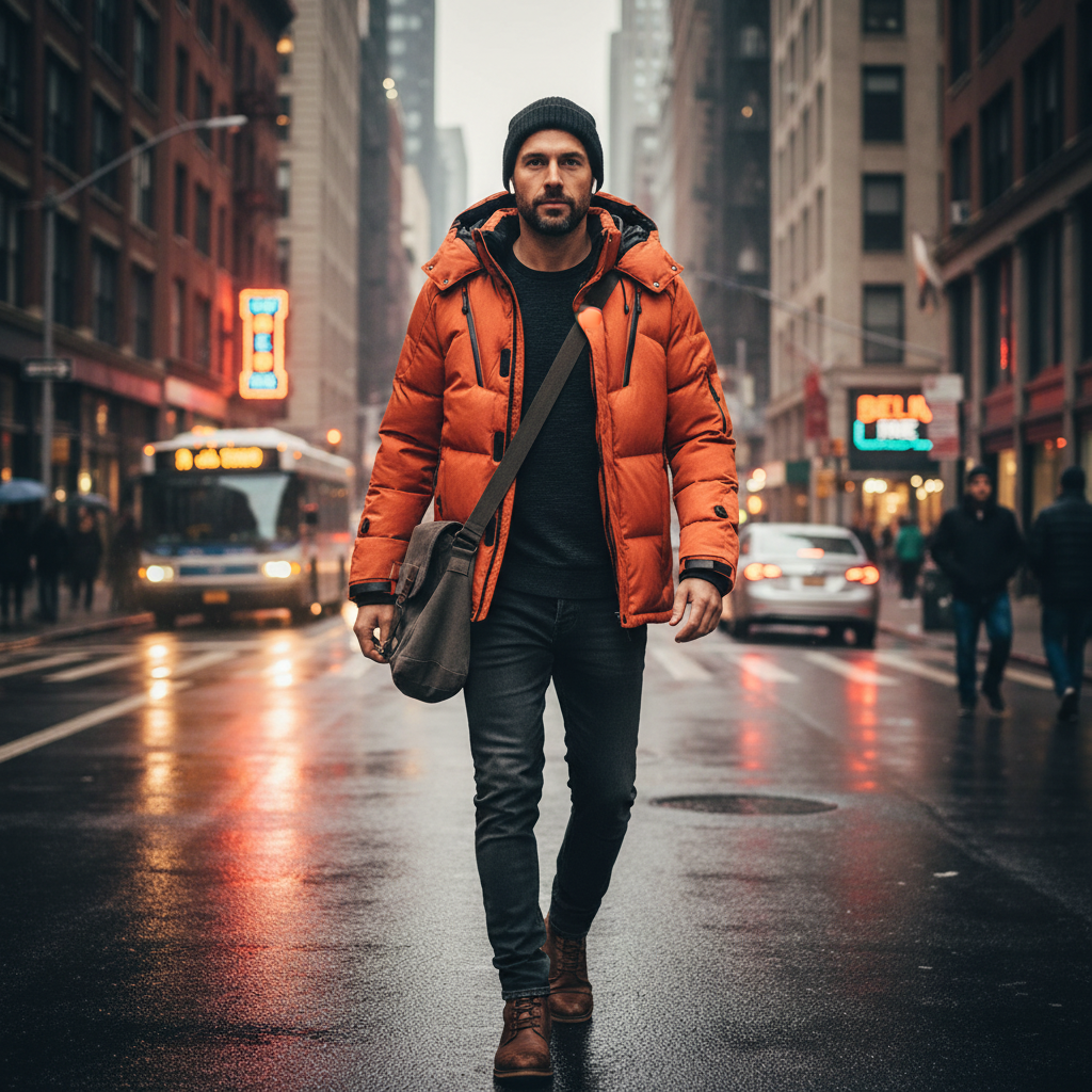 Man wearing an Urban Fashion & Streetwear | Craftklart orange insulated puffer jacket walking on a city street