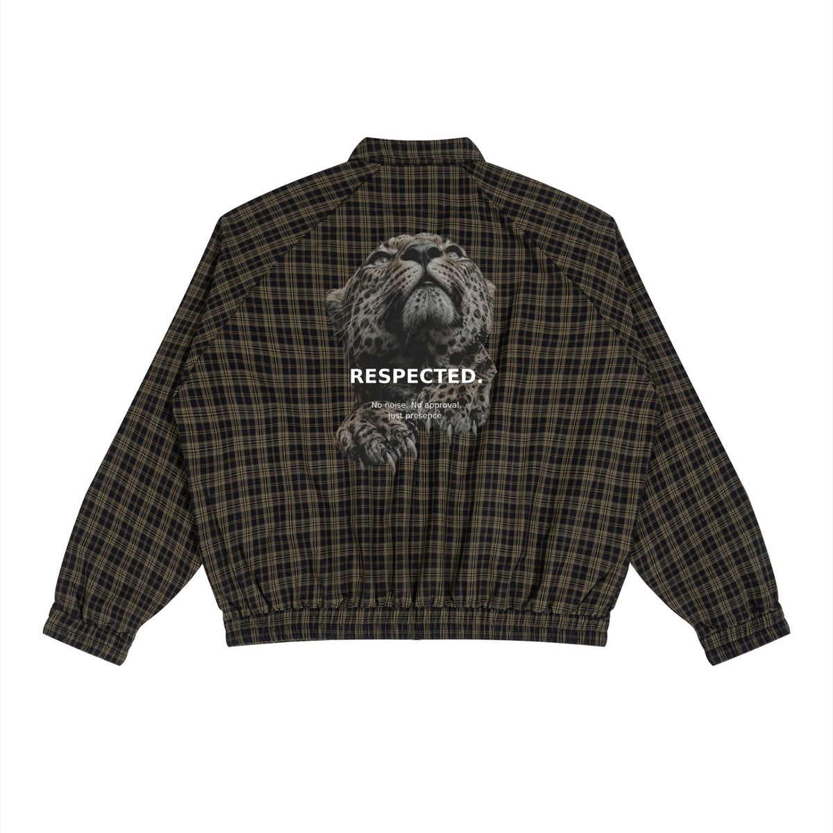 ODMPOD plaid full-zip track jacket featuring a plaid design, urban streetwear style, shown from the back.