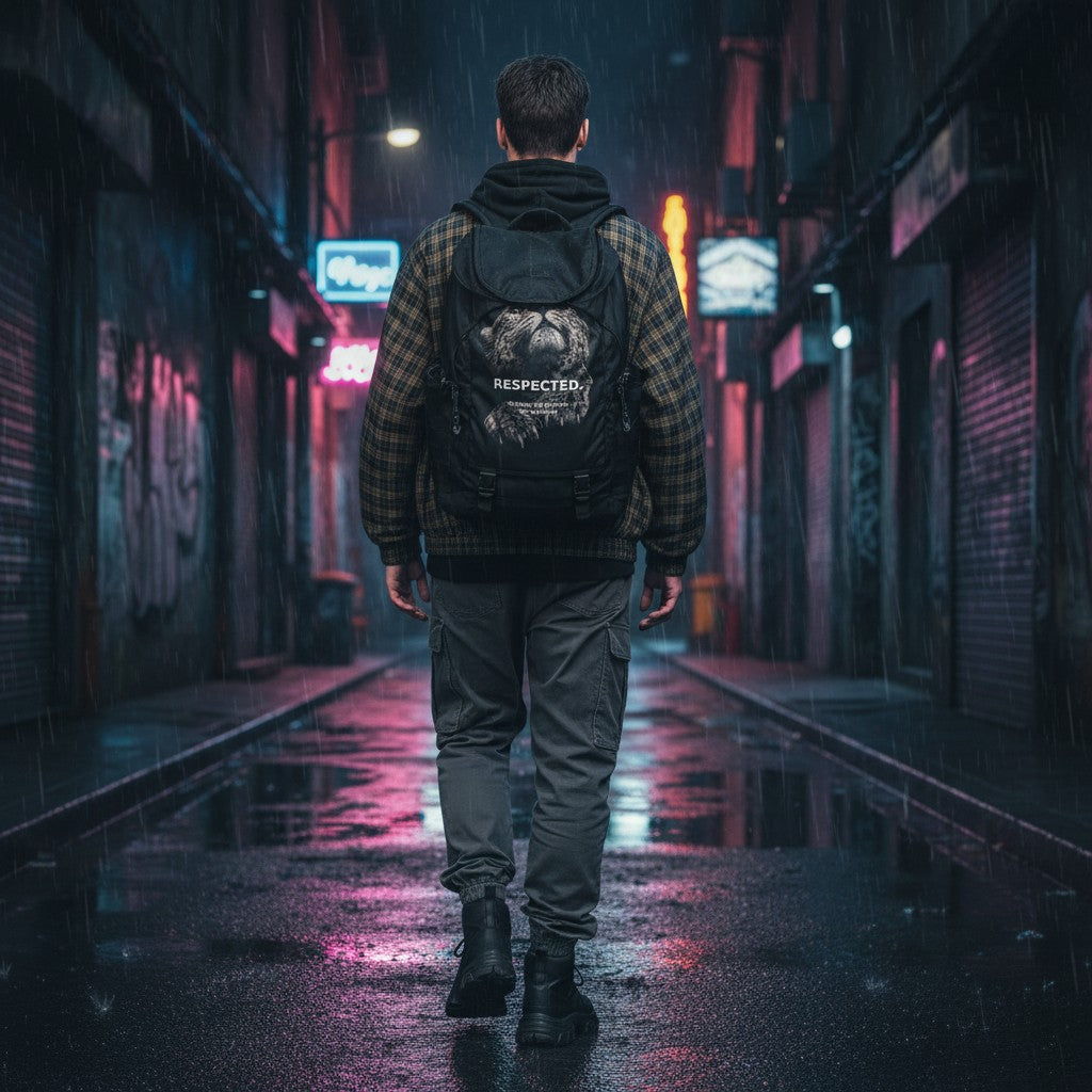 Urban Fashion & Streetwear | Craftklart plaid full-zip track jacket worn by a man walking in a rainy city alleyway.