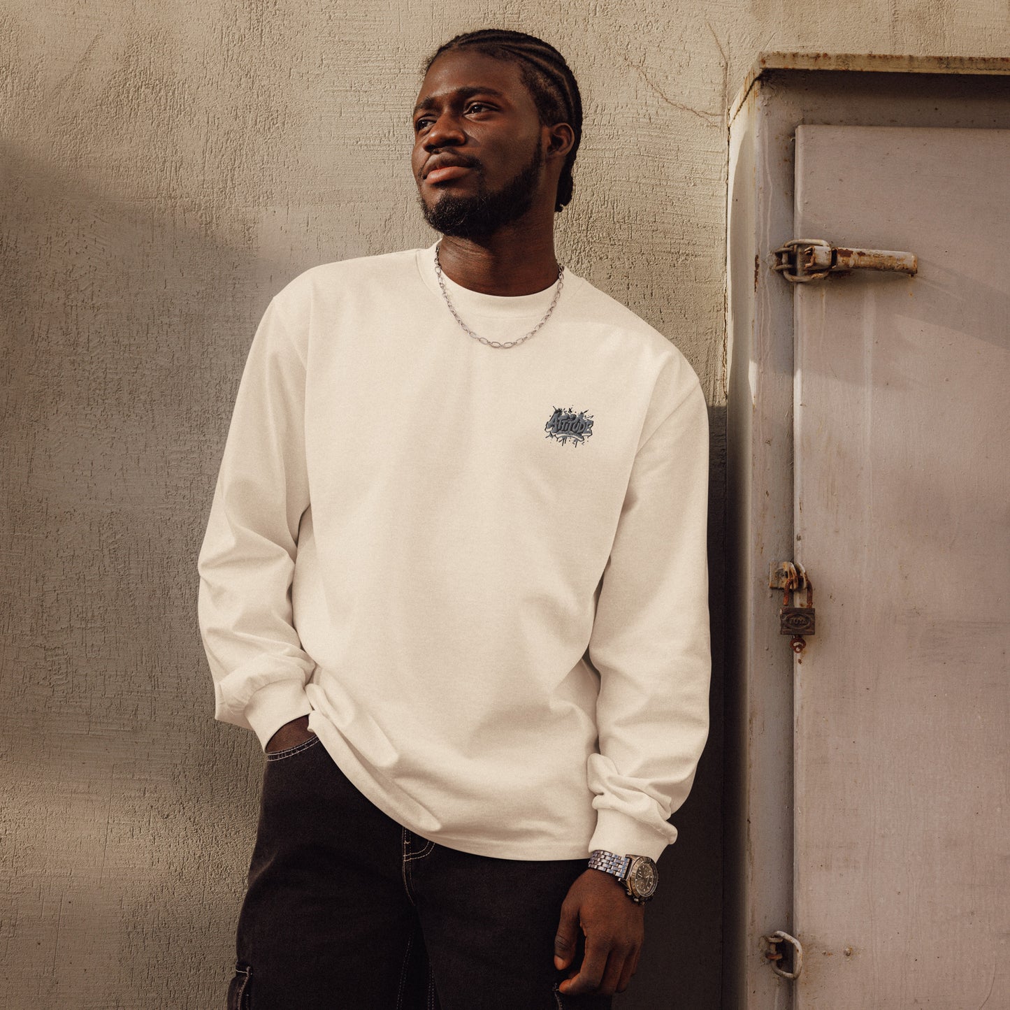 Urban Fashion & Streetwear Attitude Premium heavyweight long sleeve shirt with printed design in clay color, perfect for street style.