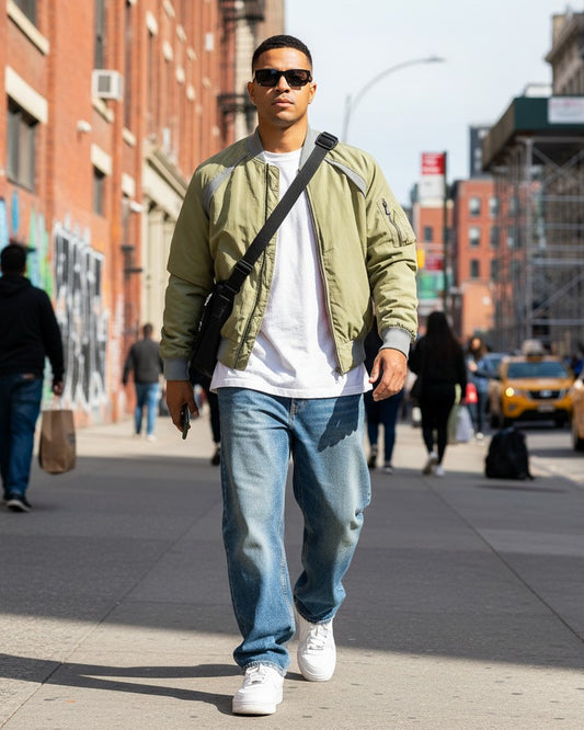 Urban Fashion & Streetwear | Craftklart men's reversible baseball jacket in olive green worn on a city street