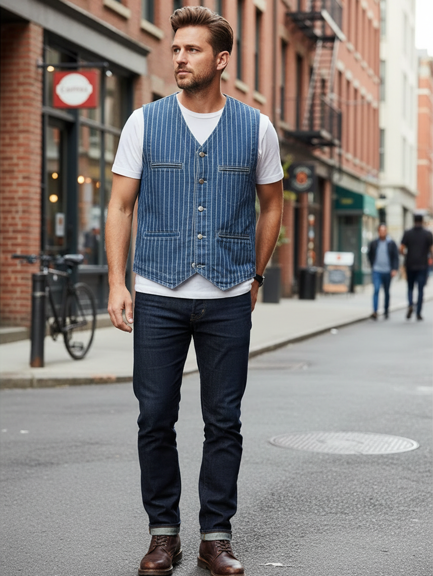 A man wearing an Urban Fashion & Streetwear | Craftklart blue striped denim V-neck cargo vest over a white t-shirt.
