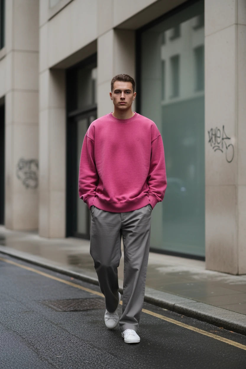Oversized high street retro solid color men's and women's washed-out round neck sweater, featuring a loose fit and hip hop style.