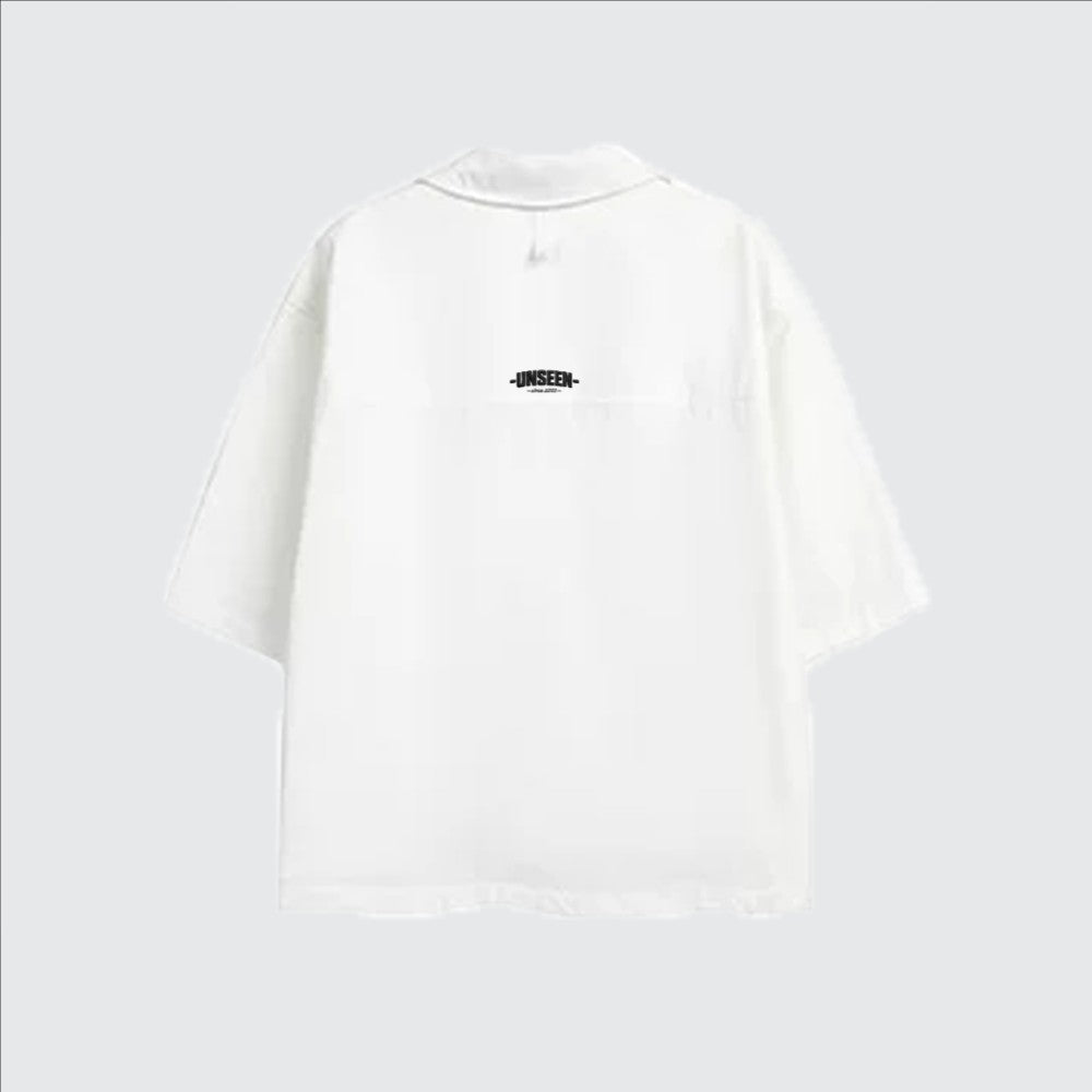Back view of a white 100% cotton Cuban collar t-shirt from Urban Fashion & Streetwear | Craftklart with UNSEEN logo