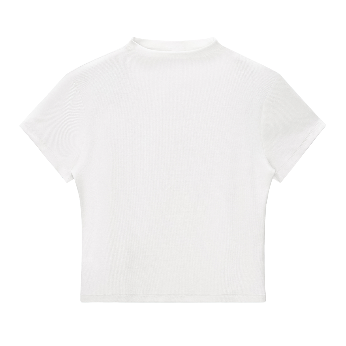 White ODMPOD Form Ribbed Mock Neck Tee, stylish streetwear T-shirt with a fitted ribbed design and mock neck collar.