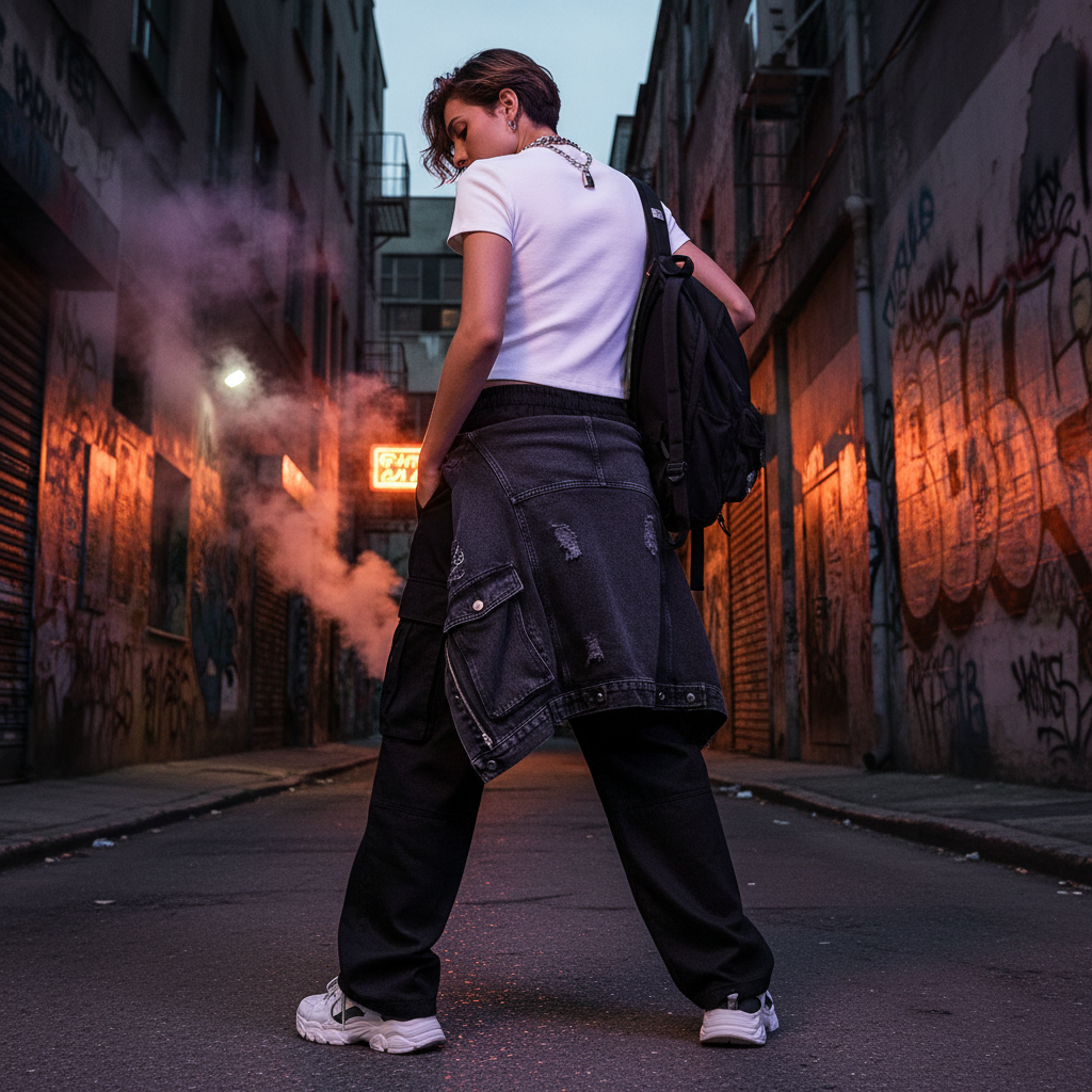 White ODMPOD ribbed mock neck T-shirt with long sleeves, urban streetwear style, close-up of fabric and fit.