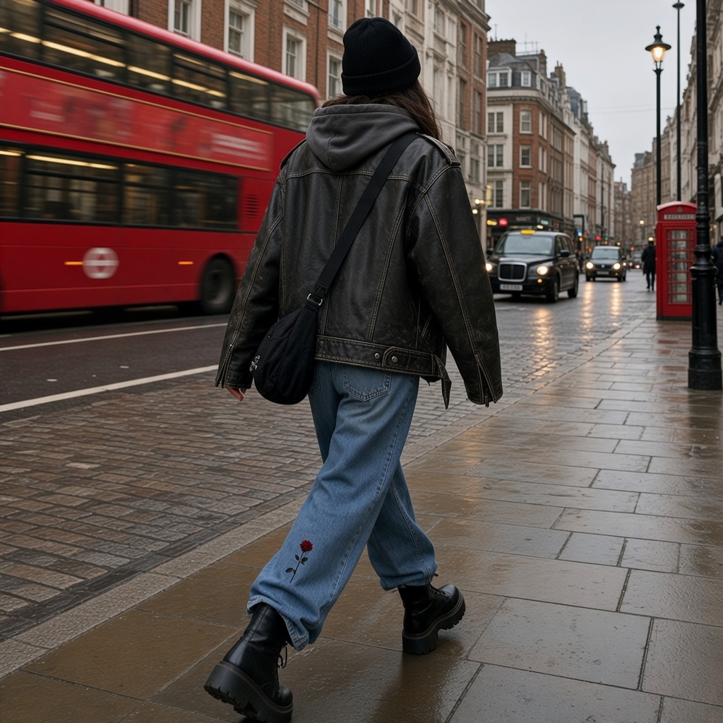 ODMPOD Daybreak Wide Leg Jeans displayed in urban streetwear style, featuring a relaxed fit and classic denim look.