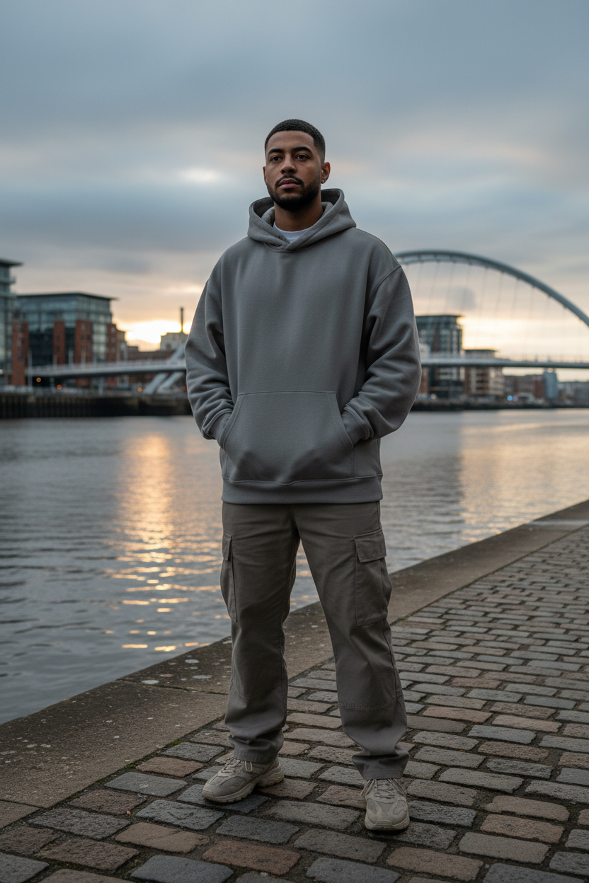 Muted tone sage green oversized hoodie styled in UK urban streetwear setting — Craftklart minimalist fashion