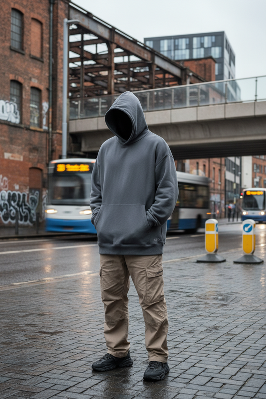 Heavyweight streetwear hoodie worn in Sheffield city — Craftklart UK minimalist streetwear