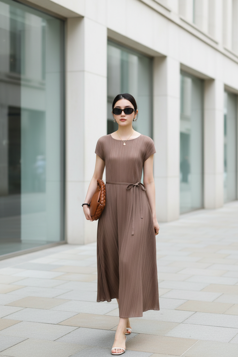 Pleated Urban Lady's Charming Commute Slimming Belted Dress